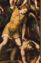 Noord Transept, Altaar van St. Michaël de Aartsengel, Aartsengel Michaël doodt het kwaad, Giulio Campi 1566, Detail