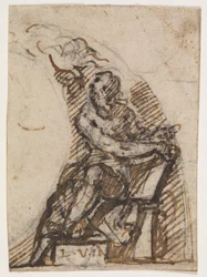 Zittende man met schrijftablet(?). Architectuurdetail