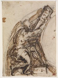 Zittende man met schrijftablet(?). Architectuurdetail