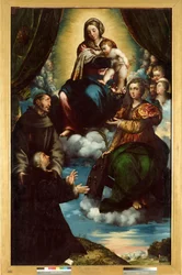 De Madonna en Kind, Sint-Catharina van Alexandrië, Sint-Franciscus en Pietro Martire Stampa