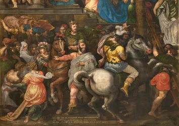 Muur tegenover de tegengevel van het zuidelijke transept, Giuseppe Campi, Triomf van Mordechai 1567, Detail onderste deel