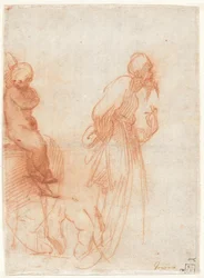 a) Studies van figuren en een hand (recto); b) Studies van een stier (verso), ca. 1530 (rood krijt op papier)