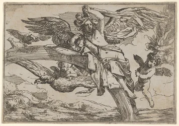 Lucht, voorgesteld door Iris liggend op haar regenboog, vergezeld door een gevleugelde putto