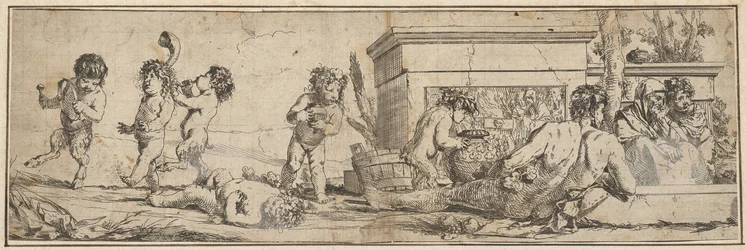 Bacchanaal met baby satyrs en putti links, een naakte mannelijke figuur ligt vooraan