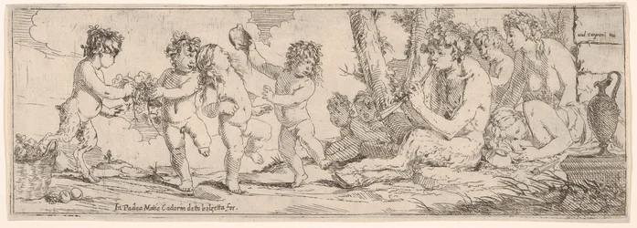 Bacchanaal met sater die een luit speelt en omringd door vier figuren, 1640-60