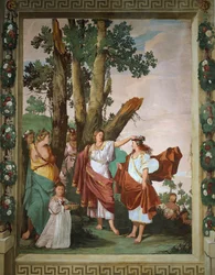 Nimf Amaryllis, gekroond tot winnares van een kuswedstrijd, fresco van Giulio Carpioni, geïnspireerd op het herdersspel 