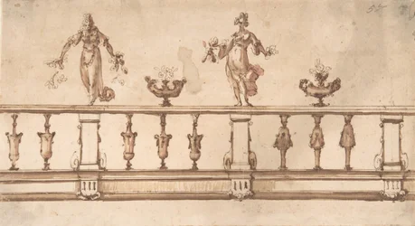Ontwerp voor een balustrade met vrouwelijke figuren en urnen, 16e-17e eeuw