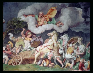 Achilles die het lichaam van Hector rond zijn strijdwagen sleept, detail van het plafond van de Sala di Troia, ca. 1538