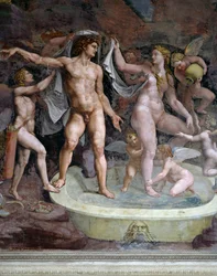 Bad van Mars en Venus, fresco van Giulio Romano (1499-1546), noordmuur van de Kamer van Cupido en Psyche, Palazzo Te, Mantua (UNESCO-Werelderfgoedlijst, 2008), Lombardije, Italië
