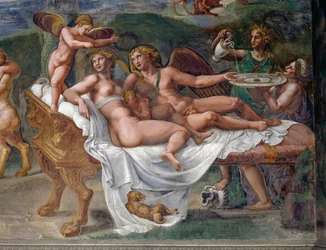 Cupido en Psyche met hun dochter Voluptas (Pleasure) liggend op bed, detail van Bruiloftsfeest of Banket van goden, fresco door Giulio Romano (1499-1546), Palazzo Te, Mantua (UNESCO Werelderfgoedlijst, 2008), Lombardije, Italië