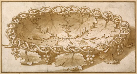 Ontwerp voor een ovale fruitschaal, met wijnranken, bladeren en druiven