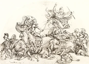 Diomedes, gewond door Pandarus, wordt getroost door Pallas Athene