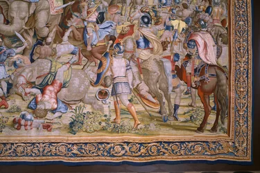 Vlaamse wandtapijt. Serie De Daden van Scipio: De slag bij Zama. Cartonist Giulio Romano. Atelier van Balthasar van Vlierden (?), Brussel. 1523-1532 (detail).