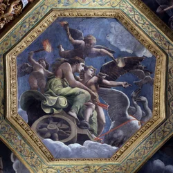 Woedende Venus wijst Psyche aan Cupido om haar te straffen. Fresco door Giulio Pippi de