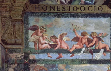 Het rustieke banket, detail van putti die muziek maken, uit de Sala di Amore e Psiche (detail)