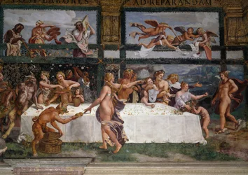 Bruiloftsfeest of banket van goden, fresco door Giulio Romano, westmuur van de Kamer van Cupido en Psyche, Palazzo Te, Mantua, Lombardije, Italië