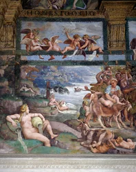 Bruiloftsfeest of Banket van goden, fresco door Giulio Romano (1499-1546), westmuur van de Kamer van Cupido en Psyche, Palazzo Te, Mantua (UNESCO Werelderfgoedlijst, 2008), Lombardije, Italië