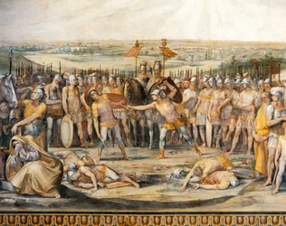 Gevecht tussen Horatii en Curiatii, door Giuseppe Cesari, fresco, Hal van Horatii en Curiatii, Conservatorenpaleis, Rome, Romeins Koninkrijk, Italië