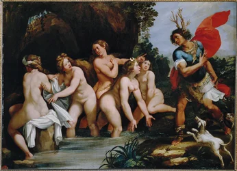 Diane et Acteon - Diana en Actaion. Omdat Actaion Diana en haar nimfen in hun bad heeft gadegeslagen, ...