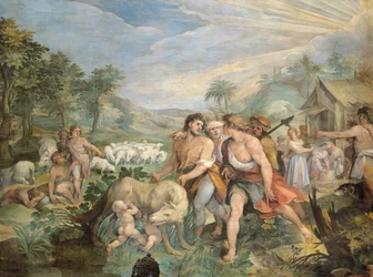 Romulus en Remus, gezoogd door een wolf, gevonden door Faustulus aan de oevers van de Tiber