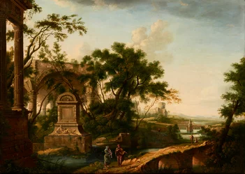 Een klassiek landschap met figuren bij ruïnes