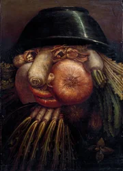 Portret met groenten (De tuinder). Onder de afgebeelde groenten en vruchten: noten, radijs, paddenstoel, knoflook, kastanje, ui, sla, hazelnoot en raap. Schilderij van Giuseppe Arcimboldi (Arcimboldo) (1527-1593), Cremona, Pinacoteca Comunale
