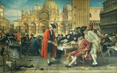 Schilder Francesco Guardi, rivaal van Canaletto, verkoopt zijn schilderijen door Giuseppe Bertini, olieverf op doek