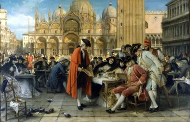 De schilder Francesco Guardi verkoopt zijn schilderijen voor het Florian café. 1892. Galleria d
