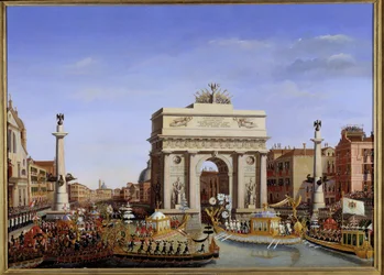 Bezoek van Napoleon I aan Venetië van 28 november tot 8 december 1807: binnenkomst van de keizer in gondel op het Canal Grande