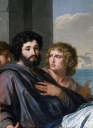Heilige Paula (Santa Paola Romana) vertrekt naar het Heilige Land. Een weduwe op 33-jarige leeftijd, ze volgde Sint Hiëronymus en vertrok met haar dochter Sainte Eustochium op een pelgrimstocht met hem in 385 naar de Heilige Plaatsen. Detail van een man me