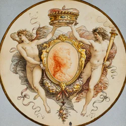 Een Ovaal Portret van een Vrouw in Profiel met een Decoratieve Rand van Grotesken en Festoenen, met Aanliggende Allegorische Figuren van Roem en Overwinning die een Kroon Vasthouden