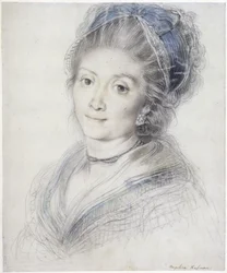 Busteportret van een vrouw met kanten muts