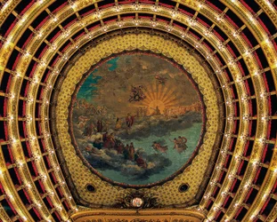 Plafond geschilderd door Giuseppe Cammarano (1766-1850), Teatro San Carlo (Koninklijk Theater van Sint-Carolus), Napels, Campanië, Italië