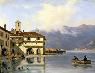Como. Oever en haven van Menaggio (1850). Schilderij door Canella