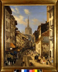 Zicht op de Corsia dei Servi (huidige Corso Vittorio Emanuele) in Milaan. Schilderij door Giuseppe Canella (1788-1847) 1834 Milaan, Museum van Milaan