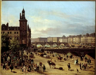 Zicht op de Bloemenwandeling, Klokkentoren, Pont au Change en Pont-Neuf in Parijs