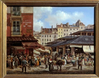Uitzicht op de Hallen in Parijs Schilderij op karton door Giuseppe Canella (1788-1847) 1828. Dim 0,14 x 0,19 m Parijs, Musee Carnavalet