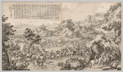 Aanval op het kamp bij Gatan Ola: uit Slagscènes van het Neerslaan van Opstanden..., ca. 1765-1774