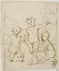 Drie Putti en hond in een landschap