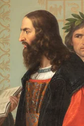 Het hof van Ludovico il Moro, detail met Leonardo Da Vinci