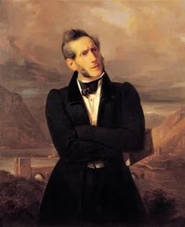 Portret van Alessandro Manzoni met uitzichten op Lecco