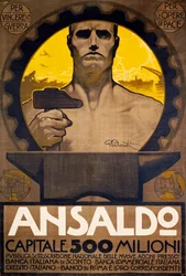 Werker met hamer en aambeeld, poster van Ansaldo van Genua voor de inschrijving van nieuwe aandelen