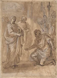 Christus en de centurion recto, figuur zwaaiend naar vertrekkend schip verso
