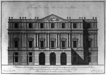 Tekening van de buitenarchitectuur van de gevel van het Teatro alla Scala in Milaan, gerealiseerd door Giuseppe Piermarini (1734-1808)