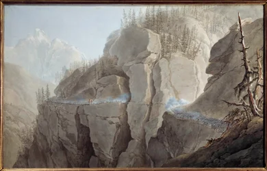 Eerste Italiaanse veldtocht (1796-1797): „De Fransen van het leger van Napoleon Bonaparte (1769-1821) dwingen de vijand op 21/05/1800 de versterkte pas van La Cluse (Cluse) in het Aostadal te verlaten.” Aquarel van Giuseppe Pietro Bagetti (1764-1831)