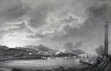 Genua gebombardeerd door Engelse vloot, 25 mei 1800 (staalgravure)