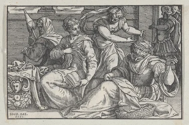 Lucretia die haar dochters lesgeeft in handwerken, 1557