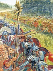 Oud Rome: Romeins leger in Dacië ten tijde van keizer Trajanus rond 105 na Chr. (Illustratie door Giuseppe Rava)