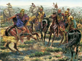 Oud Rome: opstand van Amsicora (Hampsicora of ampsicora) (3e eeuw v.Chr.) Latifundist Carthaags tegen Romeinse macht in 215 v.Chr. - Illustratie door Giuseppe Rava