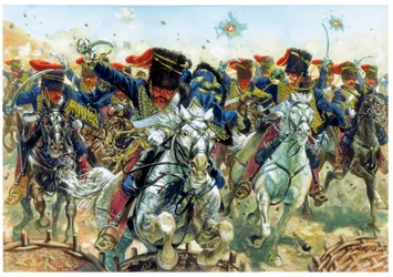 Krimoorlog: de Slag bij Balaklava op 25/10/1854, de charge van de Engelse cavalerie - Krimoorlog: de charge van de Britse cavalerie tijdens de Slag bij Balaklava, uitgevochten op 25 oktober 1854 - Illustratie door Giuseppe Rava